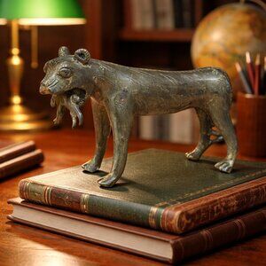 Vintage Solid Brass MCM Asian Style Tiger Figure Metal Holding Rabbit in Mouth